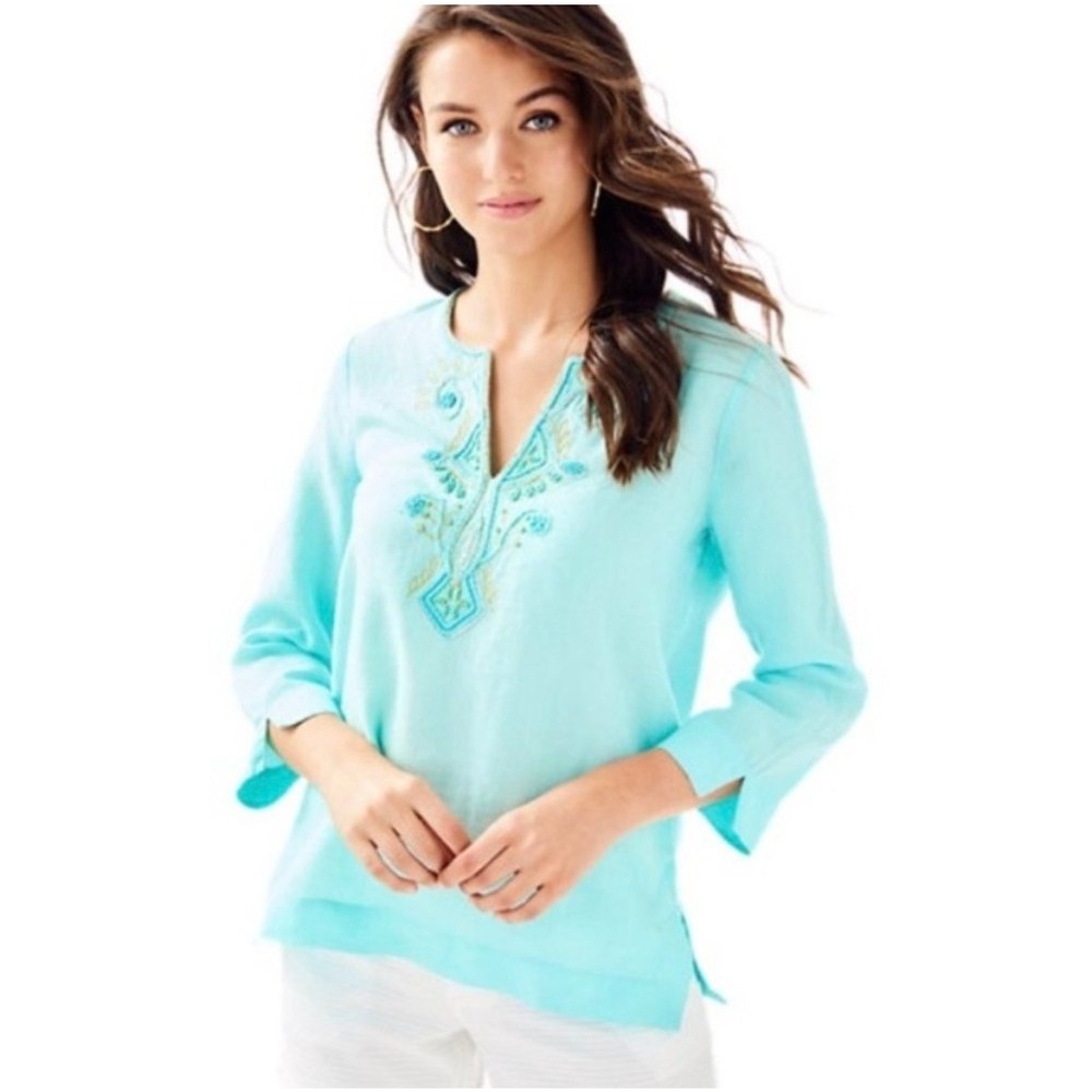 Lilly Pulitzer Amelia Island Linen Tunic Top Coastal Aqua XL Embroidered Neck